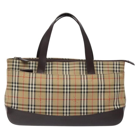 Burberrys Nova Check Hand Bag Canvas Beige Gold Auth - Picture 1 of 15